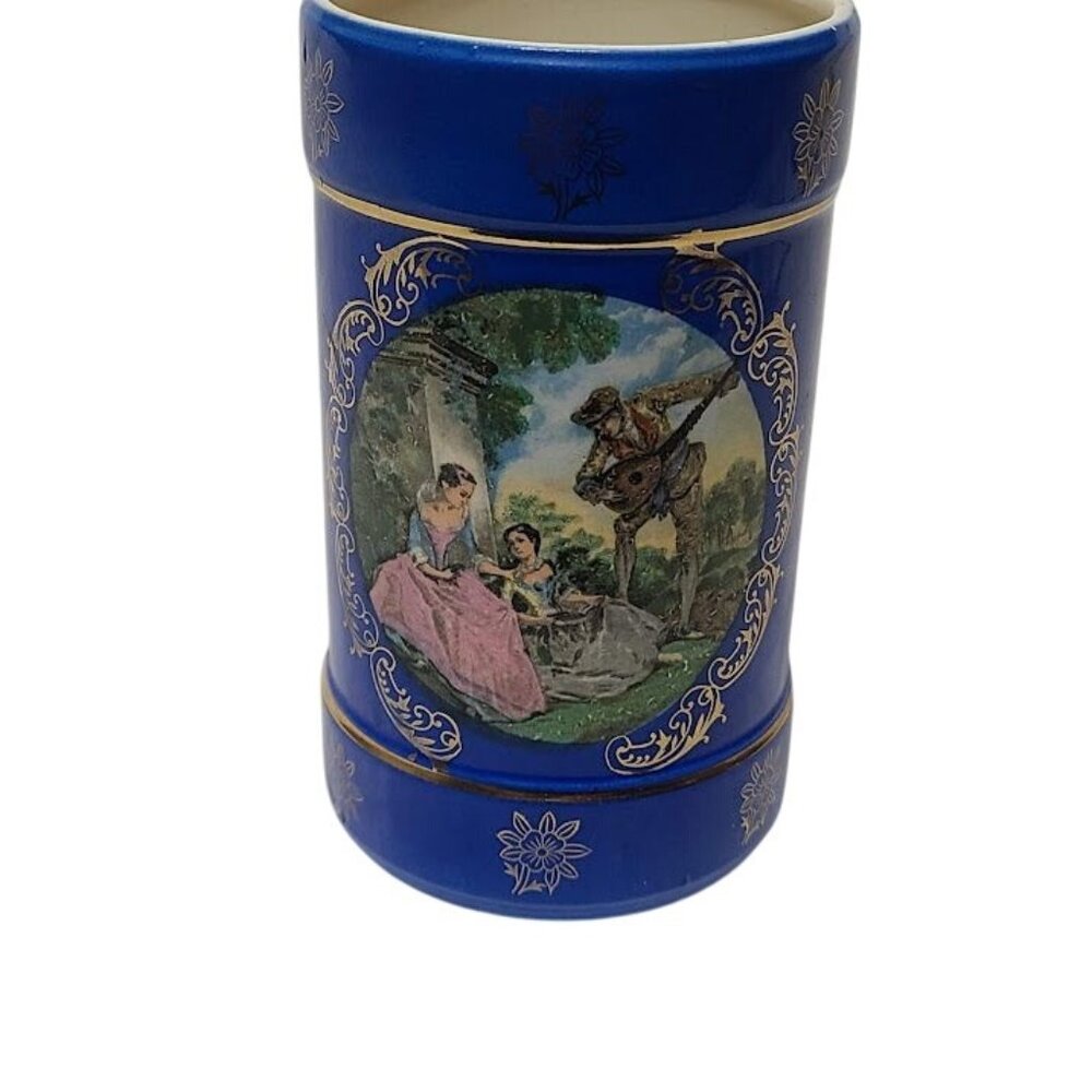 Enesco Cobalt Blue Painted Art Vase Jar Victorian Mandolin Serenade Gold Trim